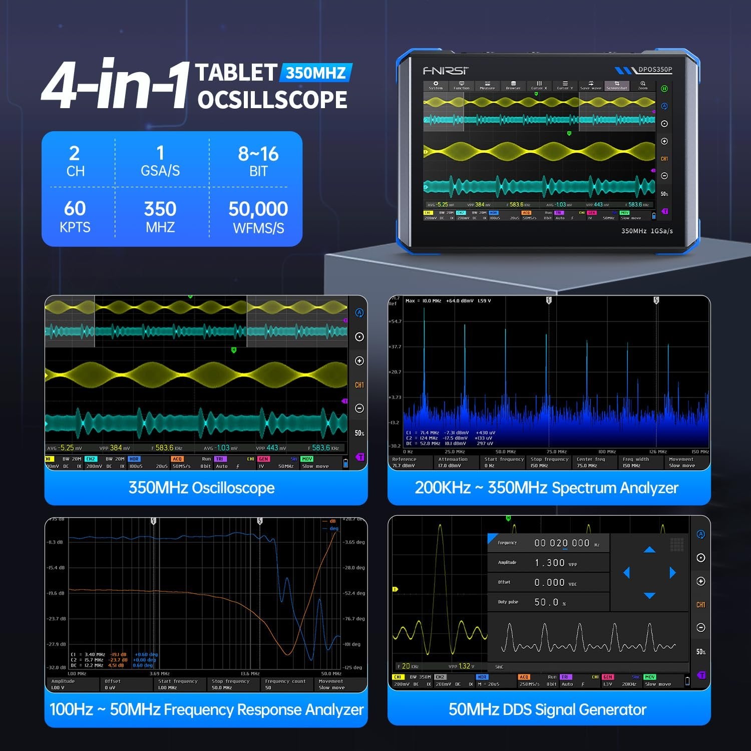 FNIRSI DPOS350P 4-i-1 Nettbrett-oscilloskop 350MHz, Spektrumanalysator 200KHz - 350MHz, Frekvensresponsanalysator DDS-generator, 2CH