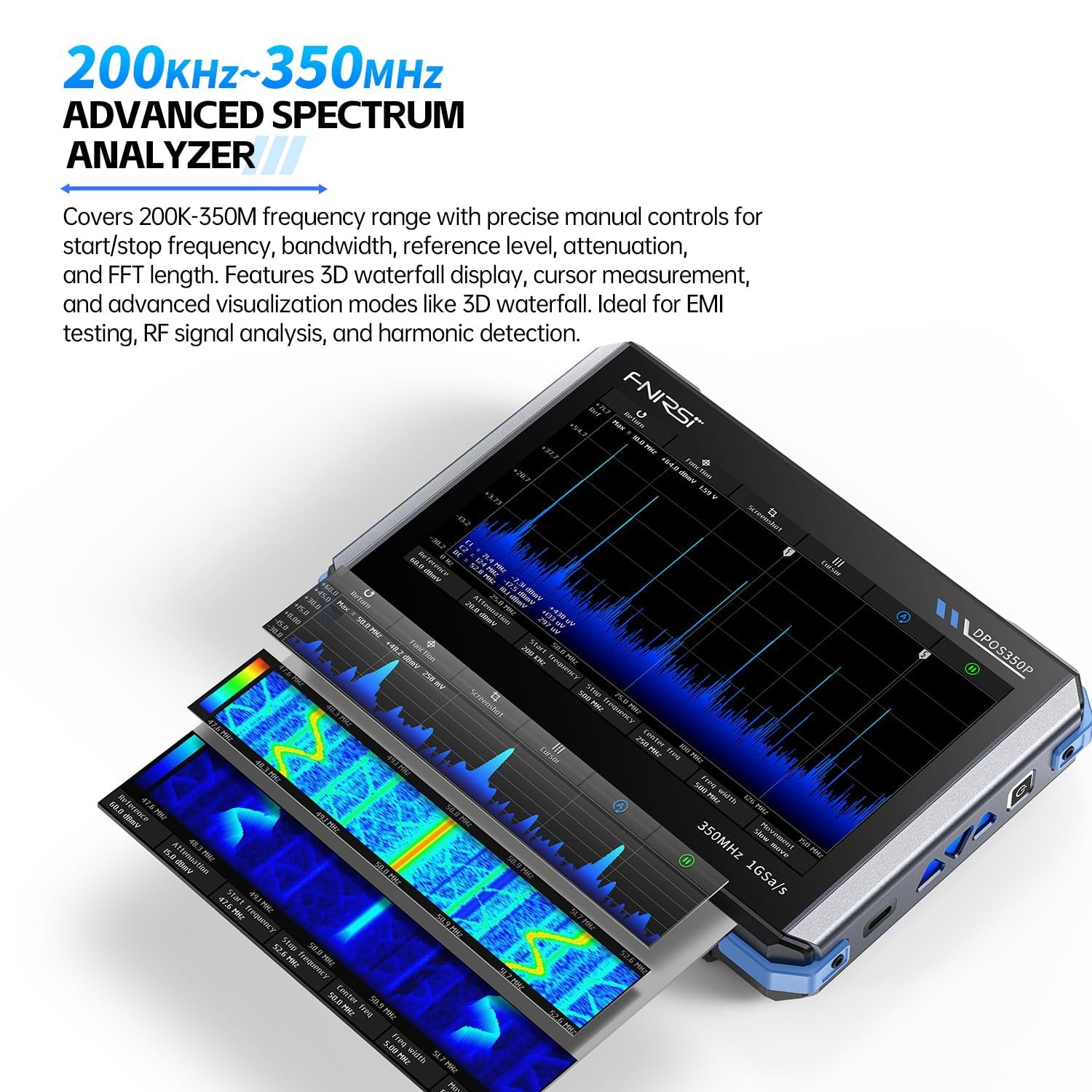 FNIRSI DPOS350P 4-i-1 Nettbrett-oscilloskop 350MHz, Spektrumanalysator 200KHz - 350MHz, Frekvensresponsanalysator DDS-generator, 2CH