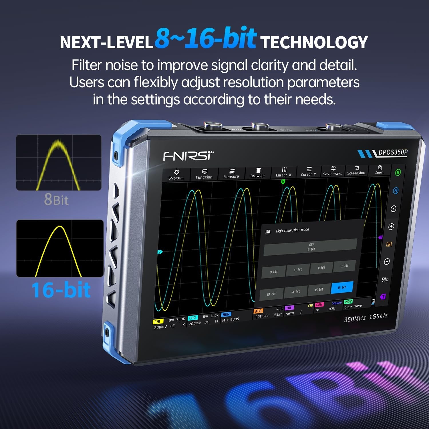 FNIRSI DPOS350P 4-i-1 Nettbrett-oscilloskop 350MHz, Spektrumanalysator 200KHz - 350MHz, Frekvensresponsanalysator DDS-generator, 2CH