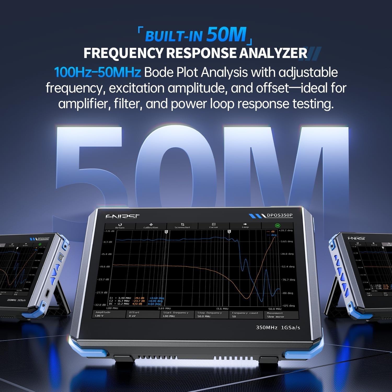 FNIRSI DPOS350P 4-i-1 Nettbrett-oscilloskop 350MHz, Spektrumanalysator 200KHz - 350MHz, Frekvensresponsanalysator DDS-generator, 2CH