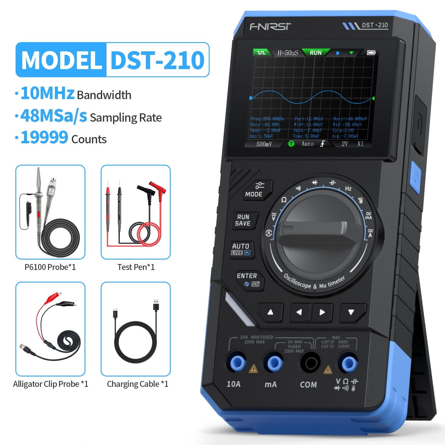 FNIRSI DST-210 Håndholdt Oscilloskop 10MHz Båndbredde, 19999 Counts, Digitalt Oscilloskop Multimeter DDS Generator 3I1, 48MS/s Samplingshastighet
