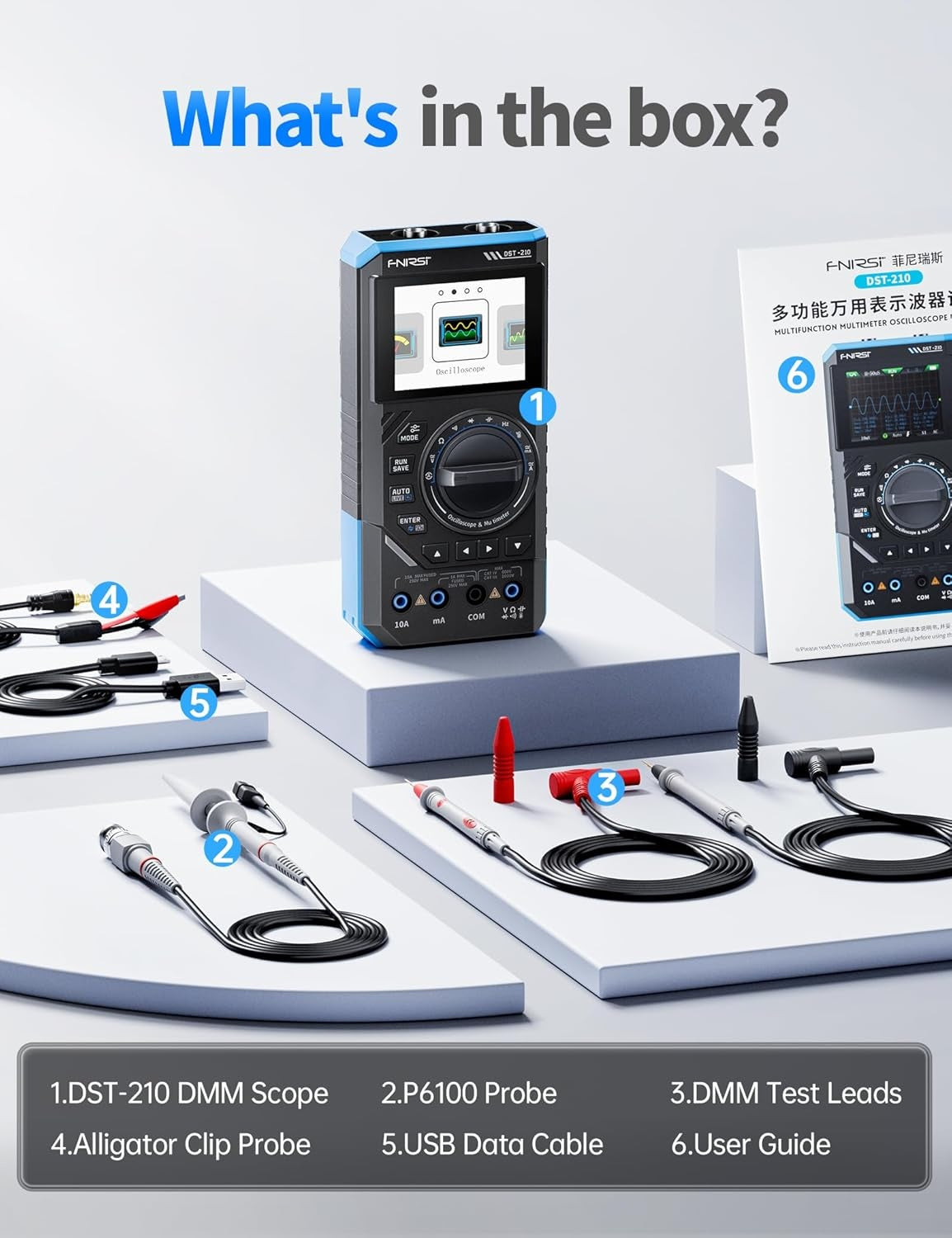 FNIRSI DST-210 Håndholdt Oscilloskop 10MHz Båndbredde, 19999 Counts, Digitalt Oscilloskop Multimeter DDS Generator 3I1, 48MS/s Samplingshastighet