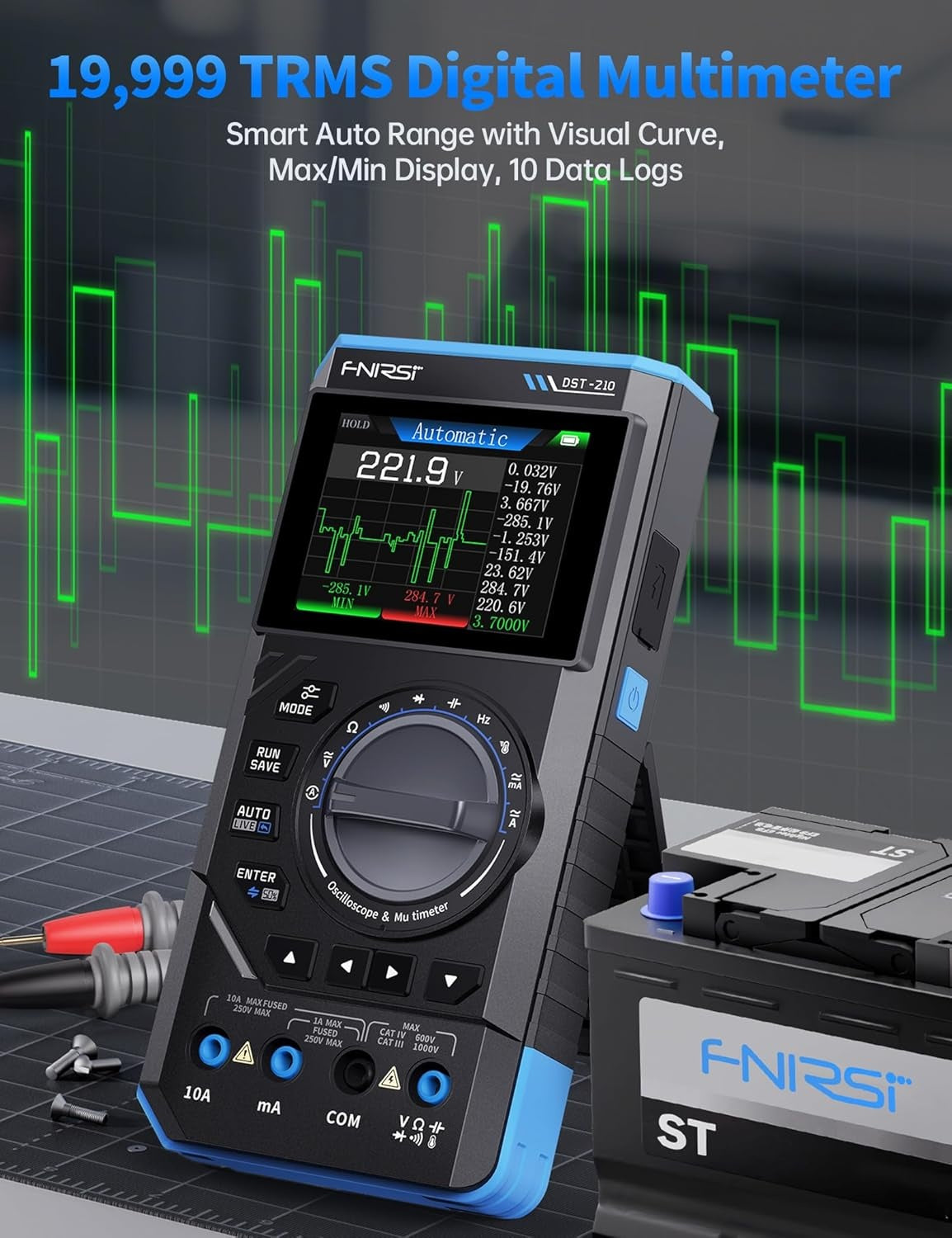 FNIRSI DST-210 Håndholdt Oscilloskop 10MHz Båndbredde, 19999 Counts, Digitalt Oscilloskop Multimeter DDS Generator 3I1, 48MS/s Samplingshastighet