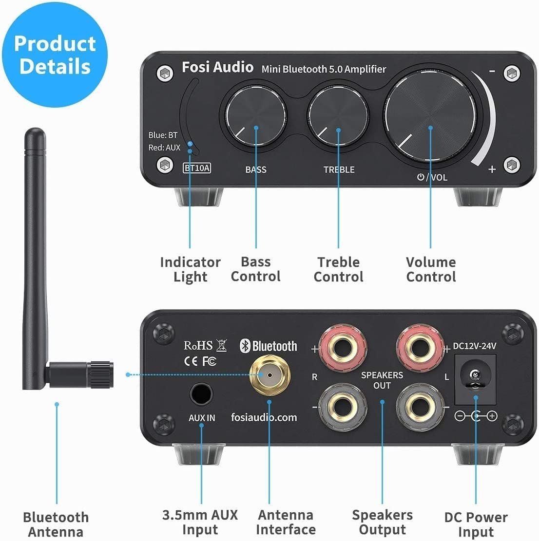 Fosi Audio BT10A Bluetooth 5.0 Stereo Audio Amplifier Receiver 2 Channel Class D Mini Hi-Fi integrert forsterker for passive hjemmehøyttalere 50W x 2 TPA3116