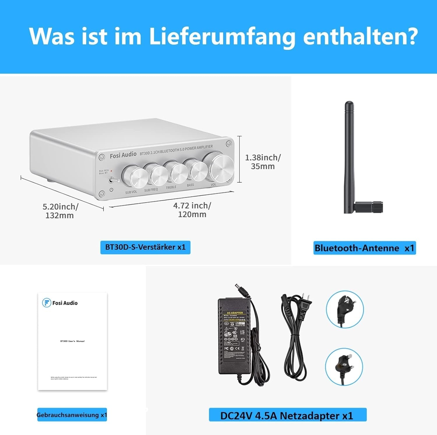 Fosi Audio BT30D-S Bluetooth 5.0 Stereo Audio Mottaker Forsterker 2.1 Kanal Mini Hi-Fi Klasse D Integrert Amp 2X50 Watt