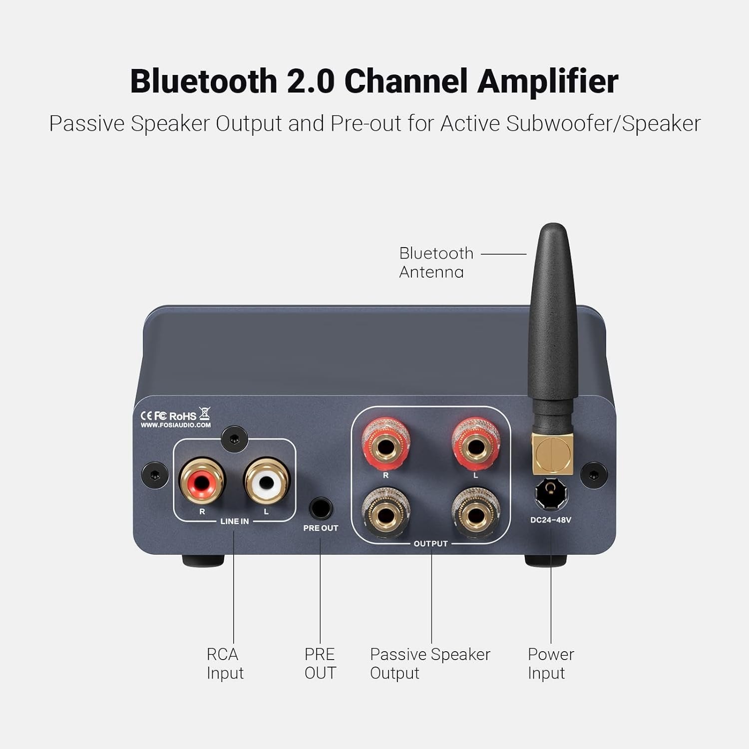 Fosi Audio Bluetooth 5.0 & R/L forsterker 300W x2 med volum-, bass- og diskantkontroll
