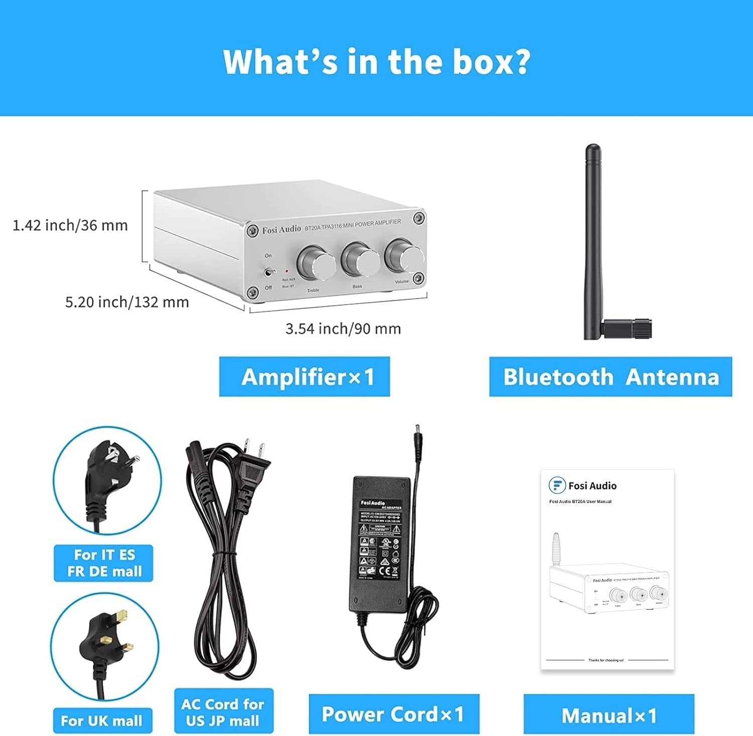 Fosi Audio Bluetooth 5.0 & R/L forsterker 100W x 2 med volum-, bass- og diskantkontroll, hvit