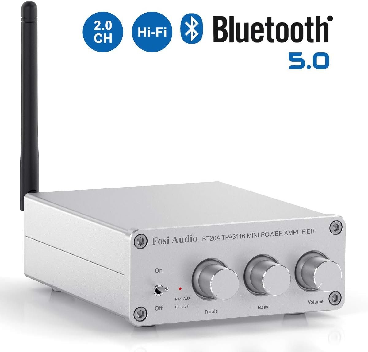 Fosi Audio Bluetooth 5.0 & R/L forsterker 100W x 2 med volum-, bass- og diskantkontroll, hvit