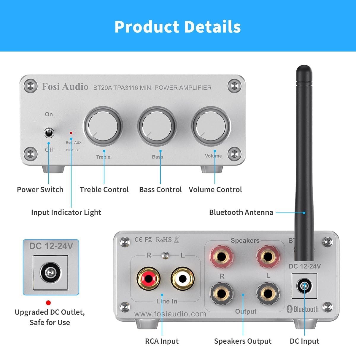Fosi Audio Bluetooth 5.0 & R/L forsterker 100W x 2 med volum-, bass- og diskantkontroll, hvit