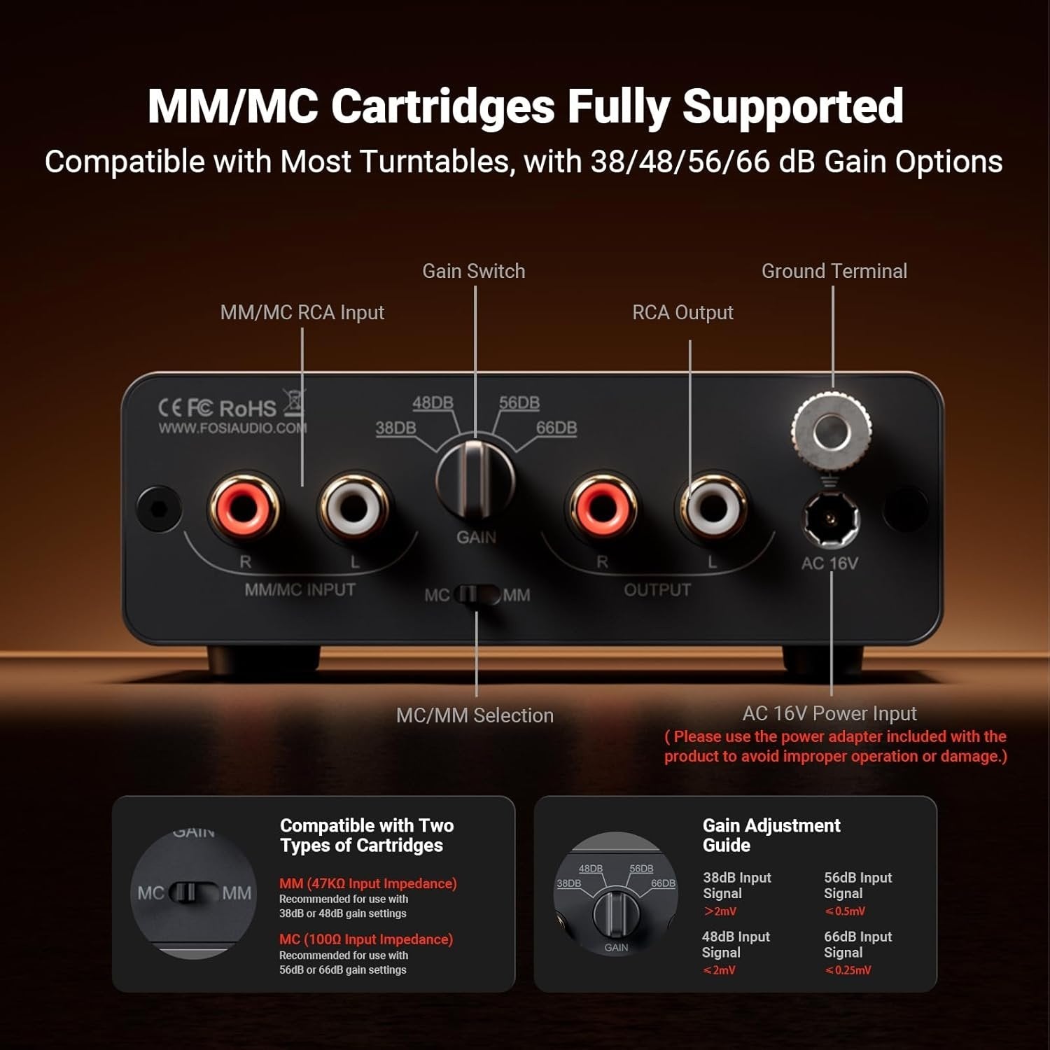 Fosi Audio Box X5 Mini Forsterker Hjemmeaudio for MM & MC Pickups, Aktive Høyttalere, 4-nivå Justerbar Gain 38/48/56/66 dB med RCA