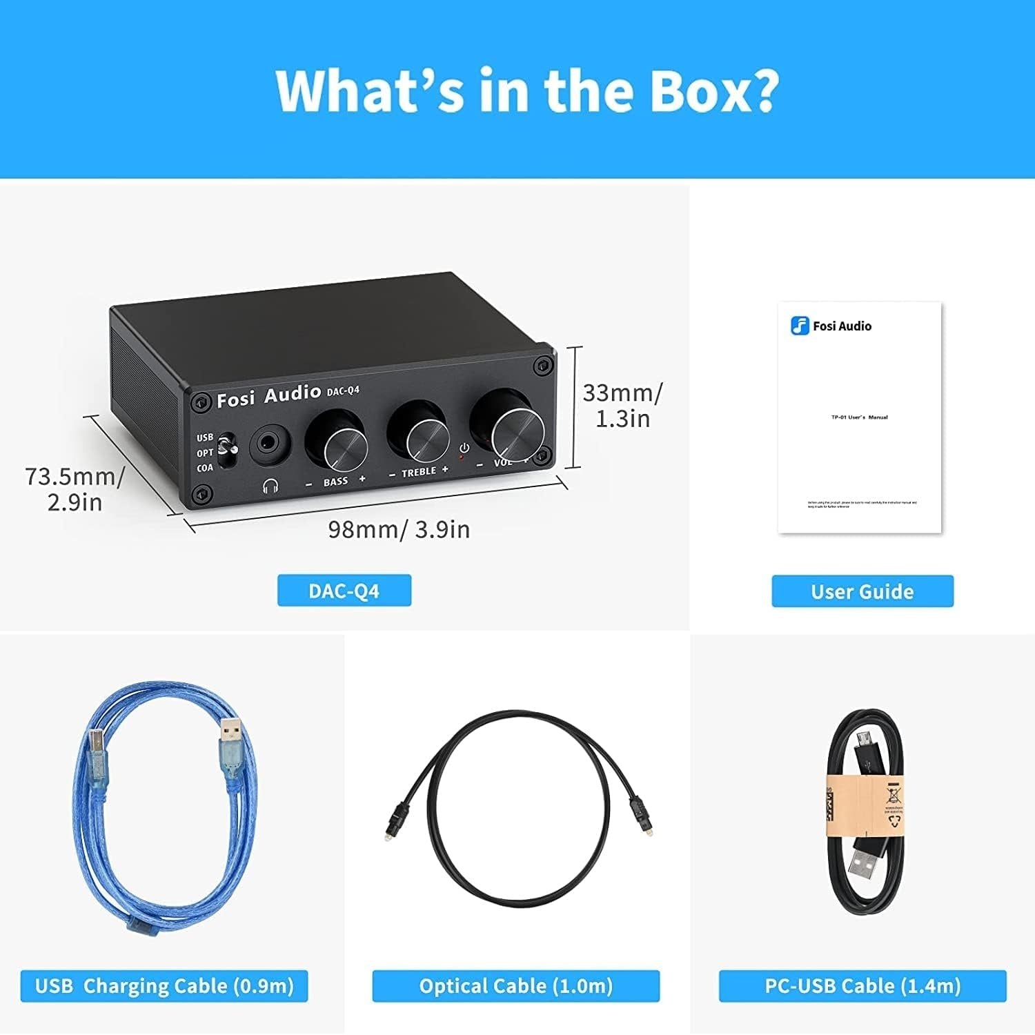 Fosi Audio Mini DAC og hodetelefonforsterker, 24-bit/192kHz USB/optisk/koaksial til RCA/AUX