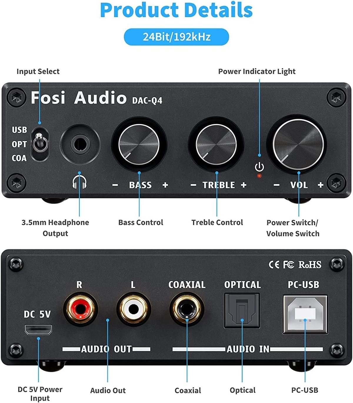 Fosi Audio Mini DAC og hodetelefonforsterker, 24-bit/192kHz USB/optisk/koaksial til RCA/AUX