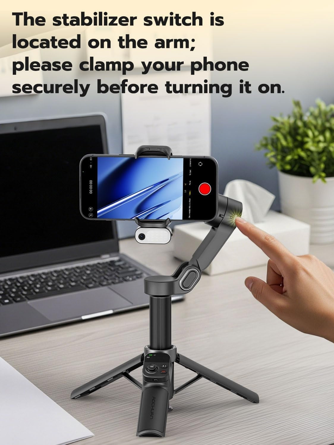 Håndholdt 3-akset anti-rystelse gimbal-stabilisator for iPhone AI-sporingsmodul med fill-lys Geststyring og ett-trykks stativfrigjøring Innebygd forlengelsesstang