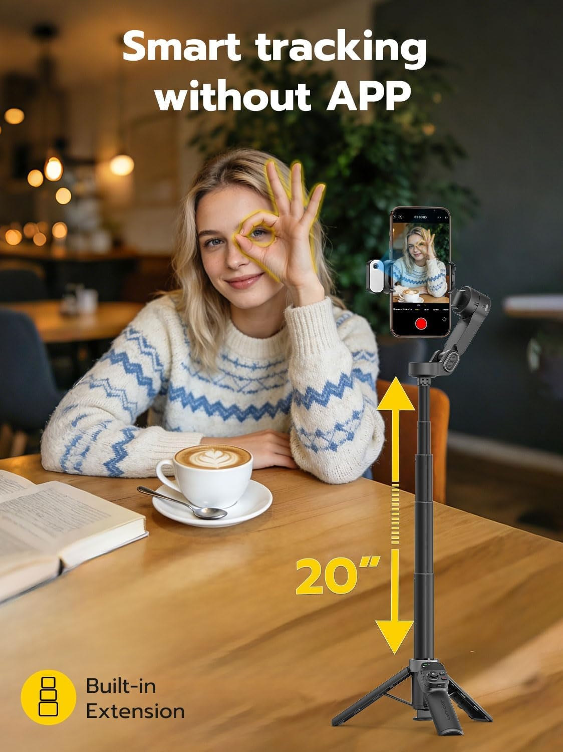 Håndholdt 3-akset anti-rystelse gimbal-stabilisator for iPhone AI-sporingsmodul med fill-lys Geststyring og ett-trykks stativfrigjøring Innebygd forlengelsesstang