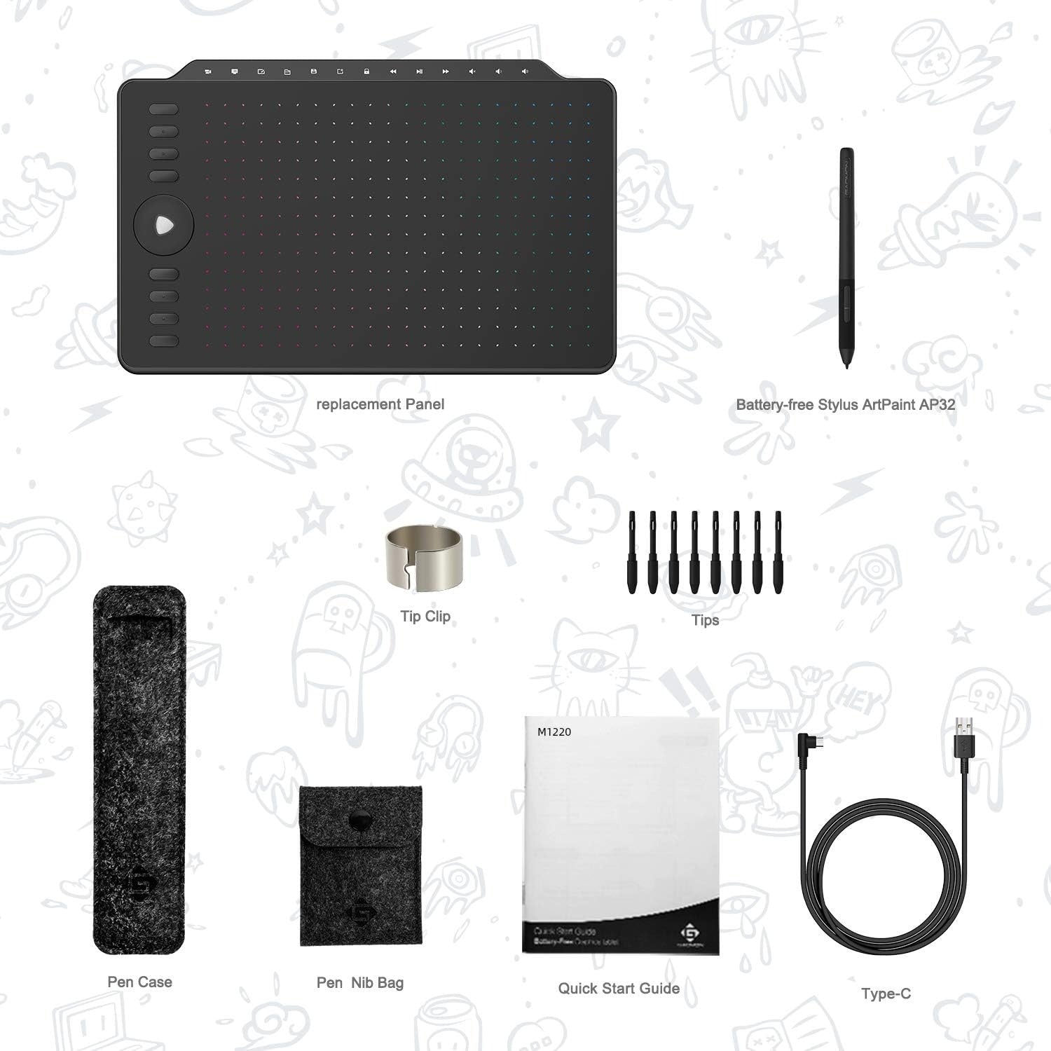 GAOMON Grafisk Tegneplate 12" med 8 snarveisknapper & 13 multimedieknapper