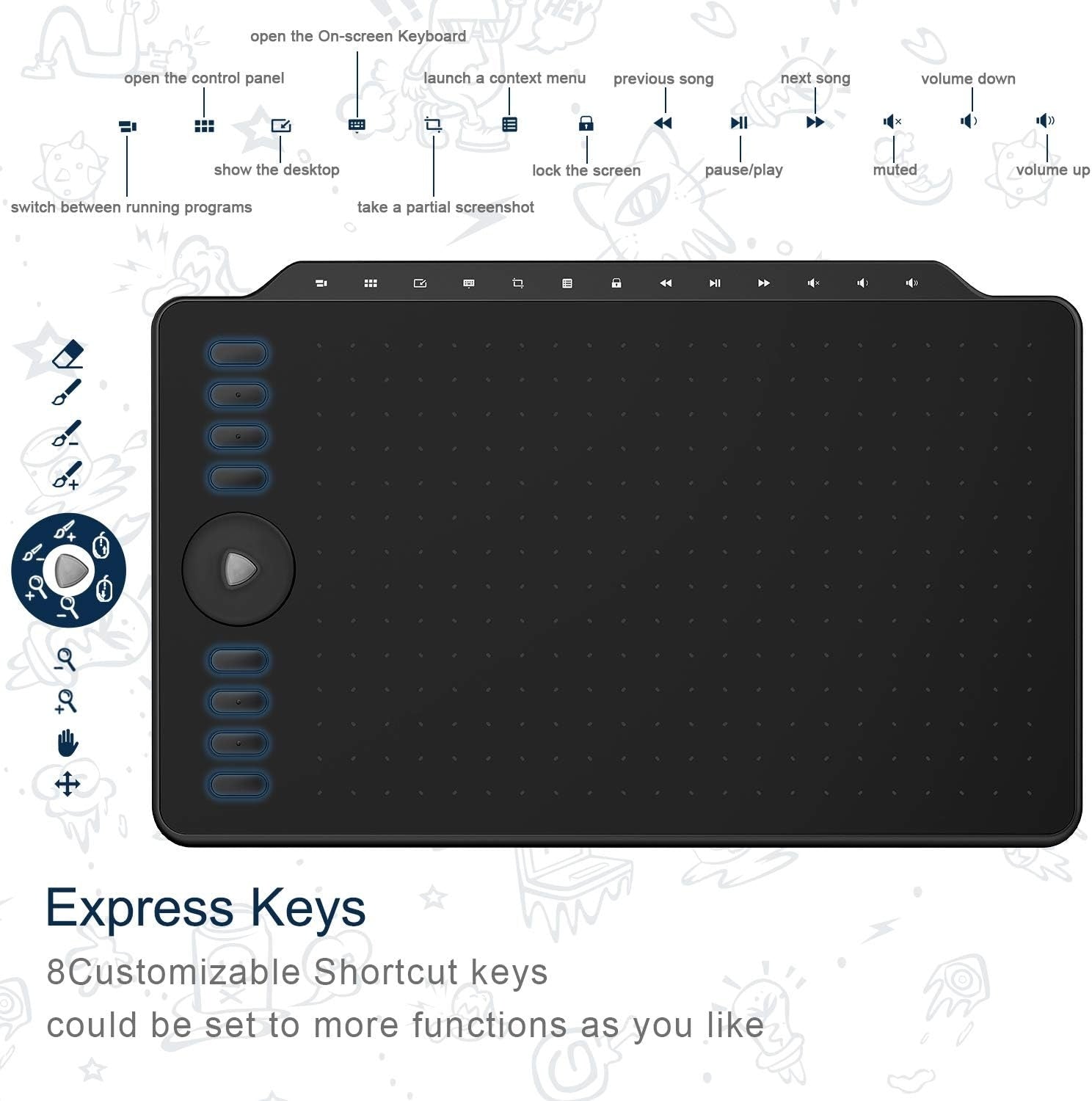 GAOMON Grafisk Tegneplate 12" med 8 snarveisknapper & 13 multimedieknapper