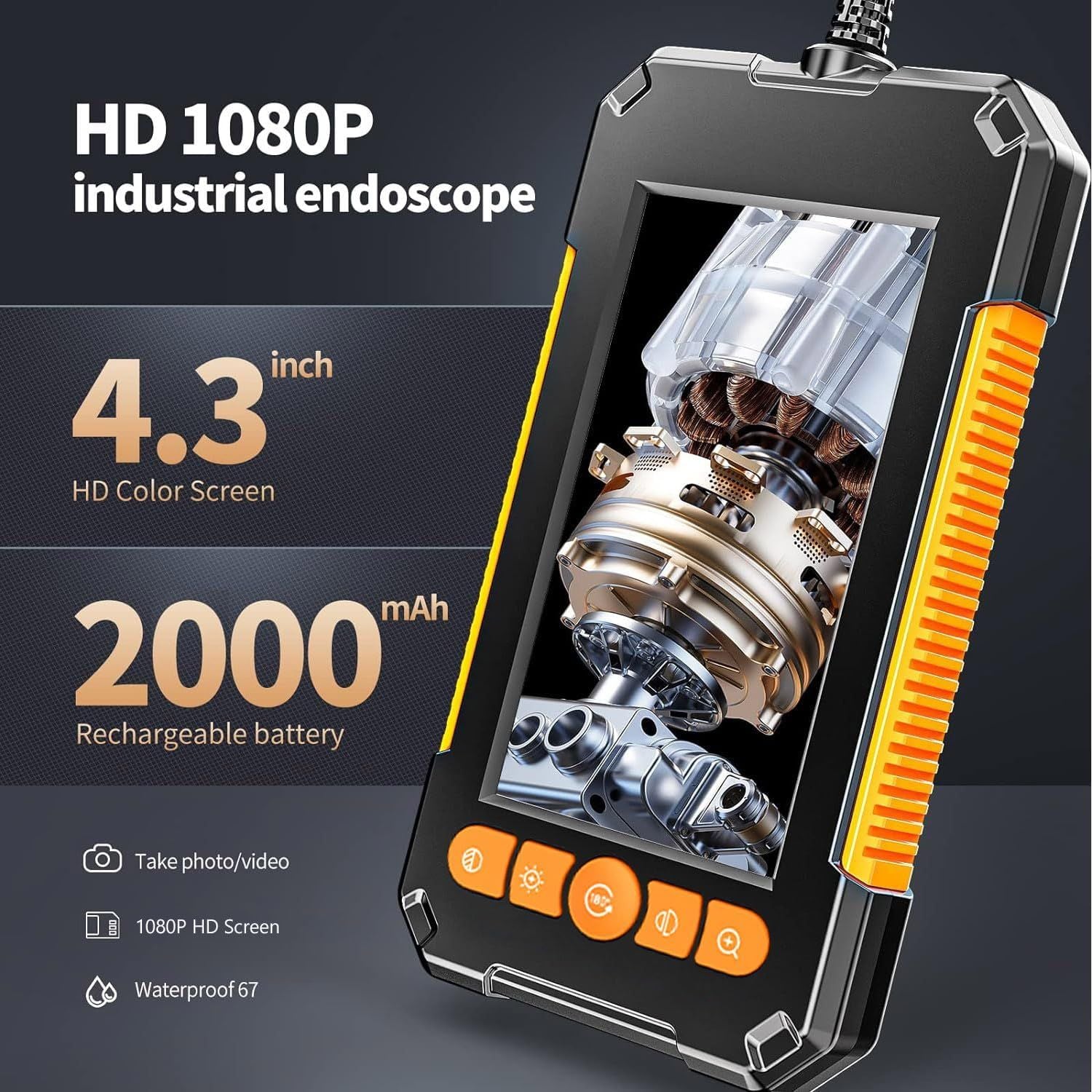Industrial Endoscope, 10m double lens 4.3" IPS Digital 1080P HD Camera with 8 LED Lights, IP67 Waterproof Snake Camera