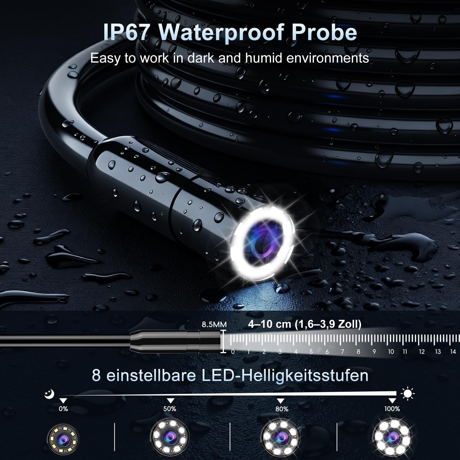 Industrial Endoscope, 4.3 Inch 5m IPS Digital Endoscope Camera, 1080P HD Camera with 8 LED Lights, IP67 Waterproof Snake Camera
