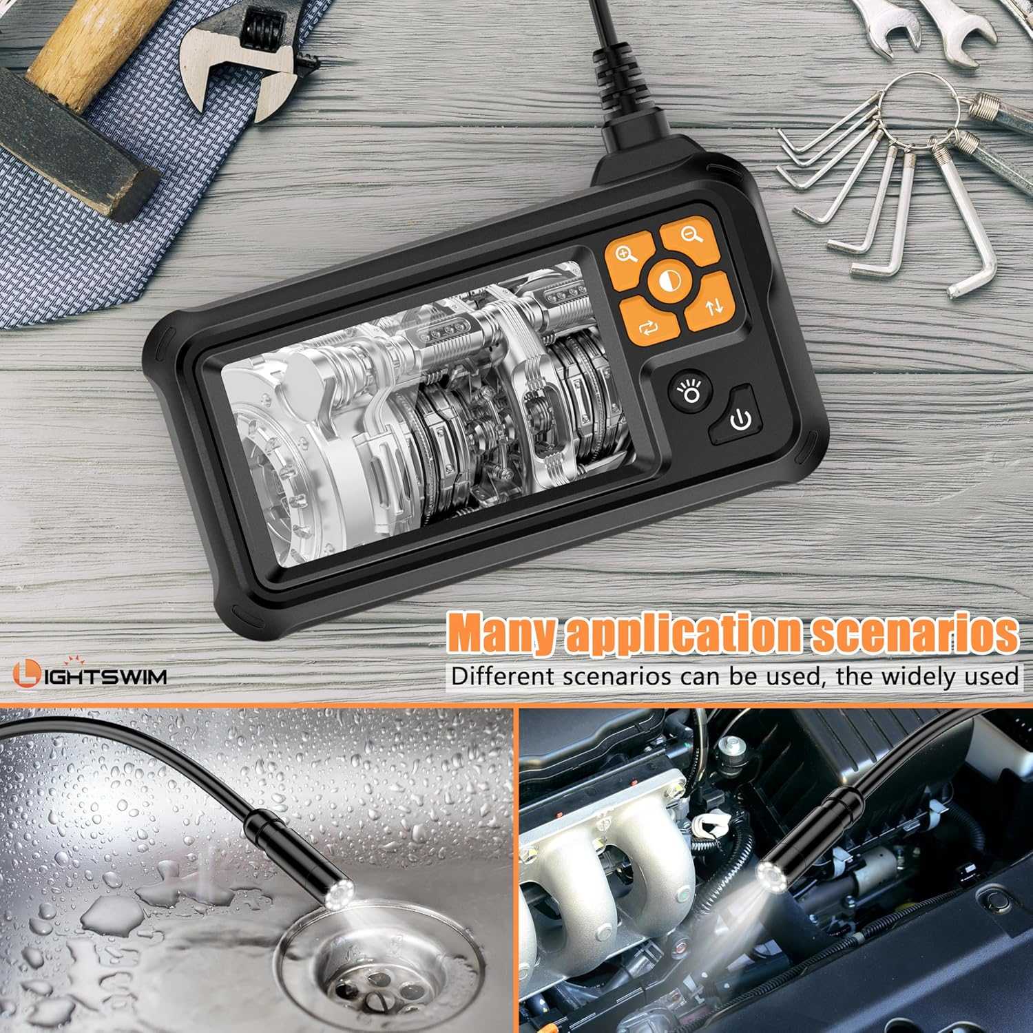 Industrial Endoscope, 4.3 Inch 5m IPS Digital Endoscope Camera, 1080P HD Camera with 8 LED Lights, IP67 Waterproof Snake Camera