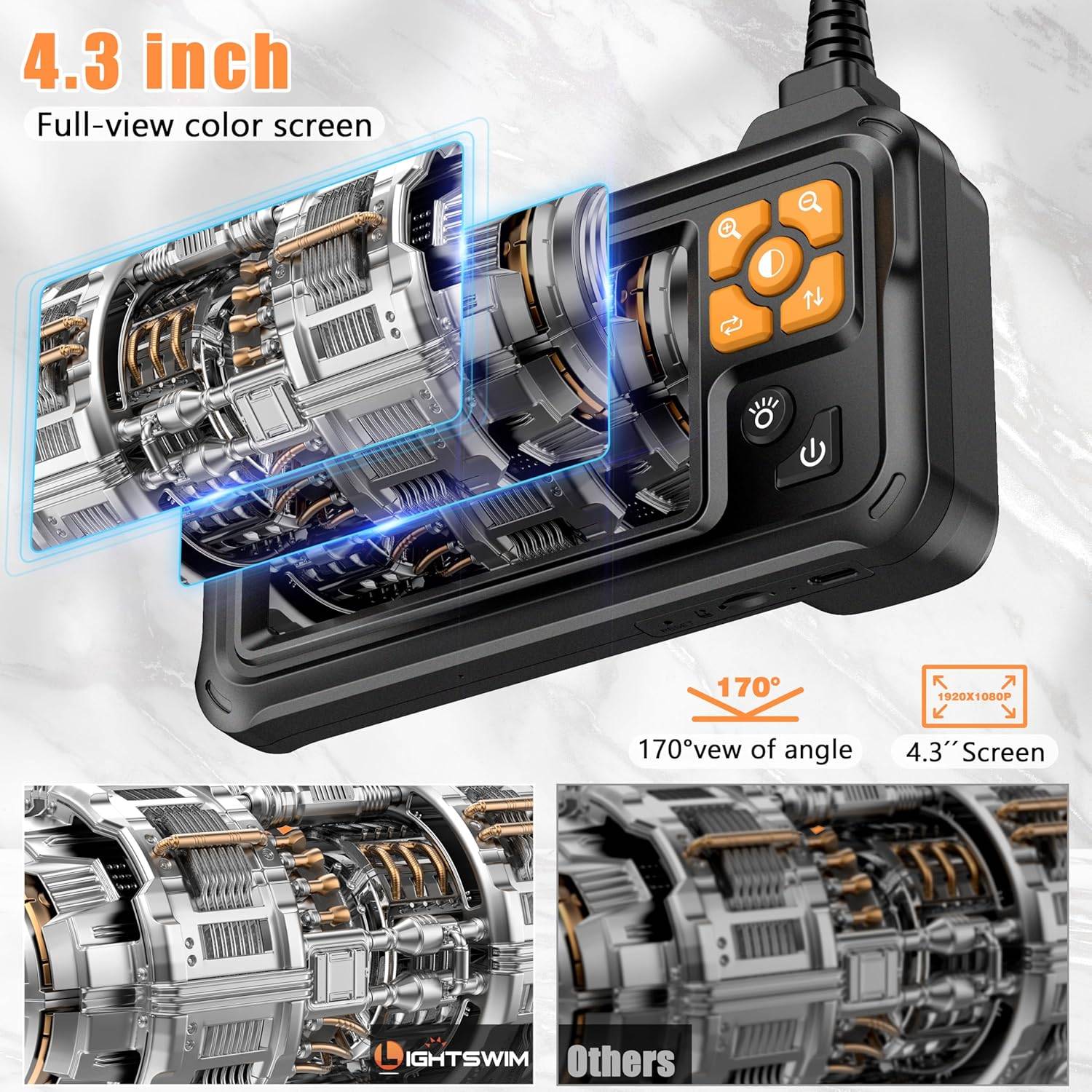 Industrial Endoscope, 4.3 Inch 5m IPS Digital Endoscope Camera, 1080P HD Camera with 8 LED Lights, IP67 Waterproof Snake Camera