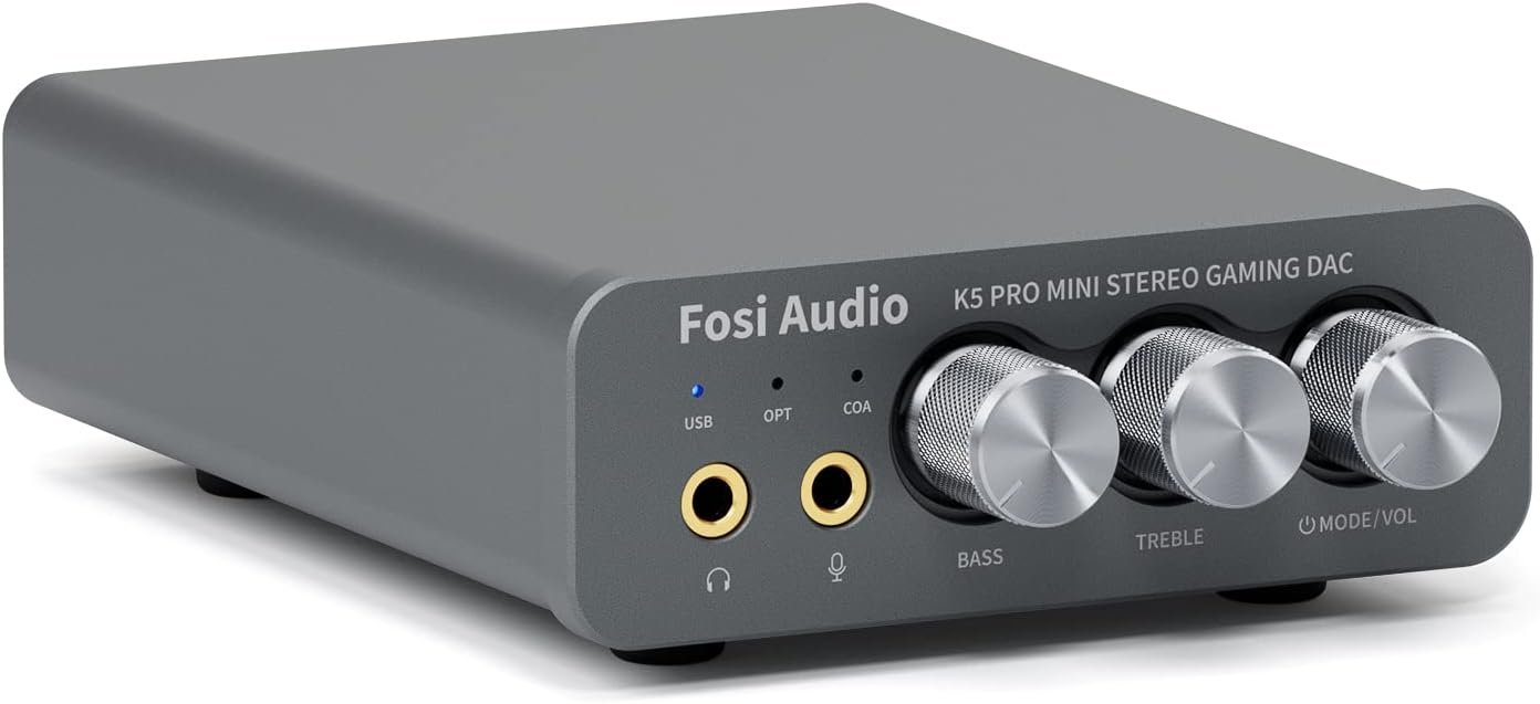 Fosi Audio K5PRO Gaming mini DAC-forsterker for PS5/PC/MAC, USB-C/Optisk/Koaksial til 3,5 mm/RCA