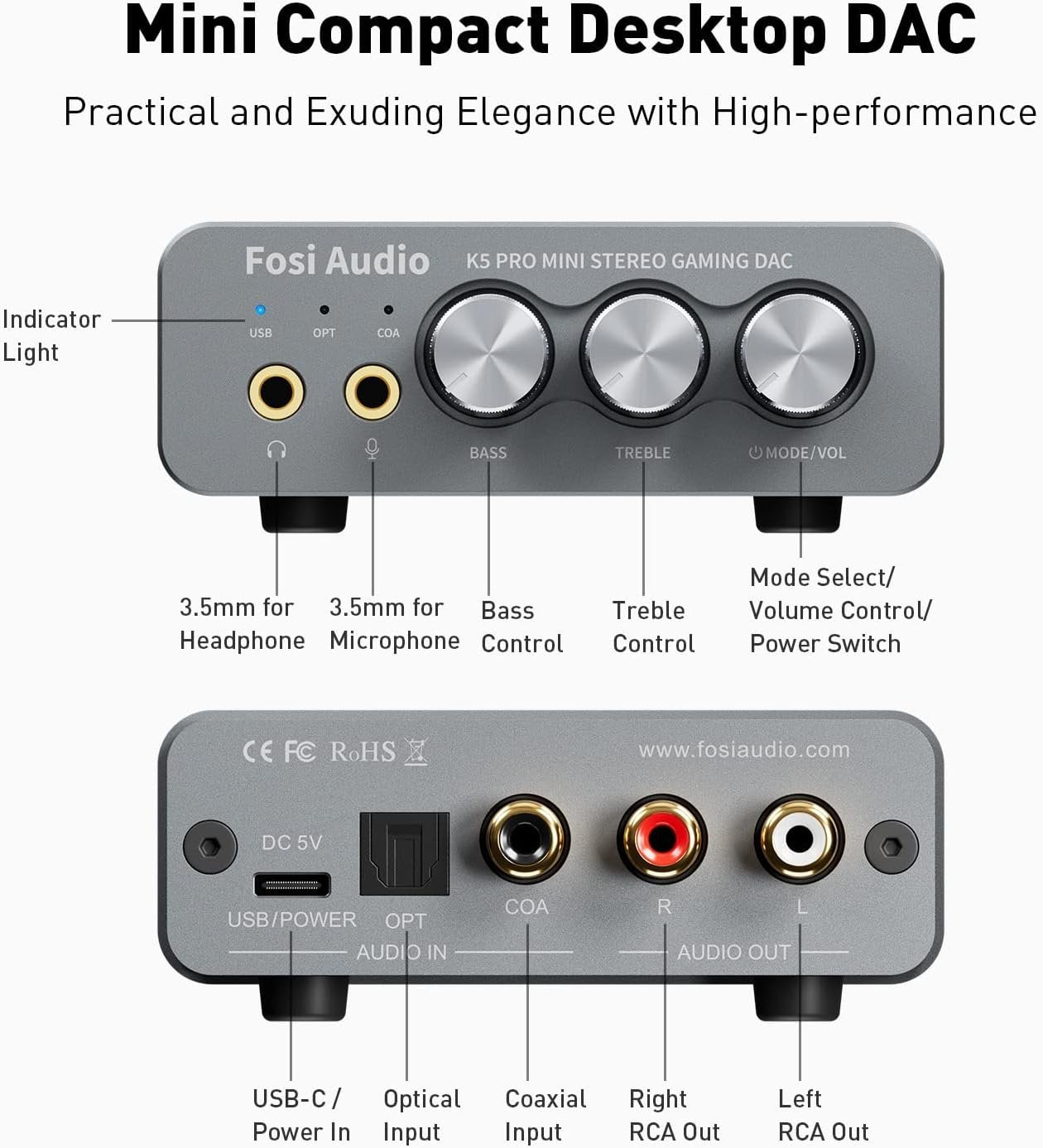 Fosi Audio K5PRO Gaming mini DAC-forsterker for PS5/PC/MAC, USB-C/Optisk/Koaksial til 3,5 mm/RCA