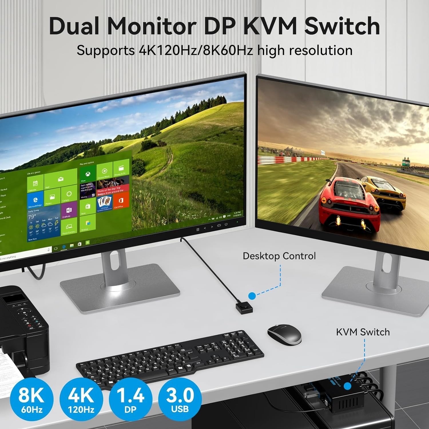 NÖRDIC KVM-svitsj 2 til 2 DisplayPort til DisplayPort, 8K60Hz/4K120Hz, 4x USB-A