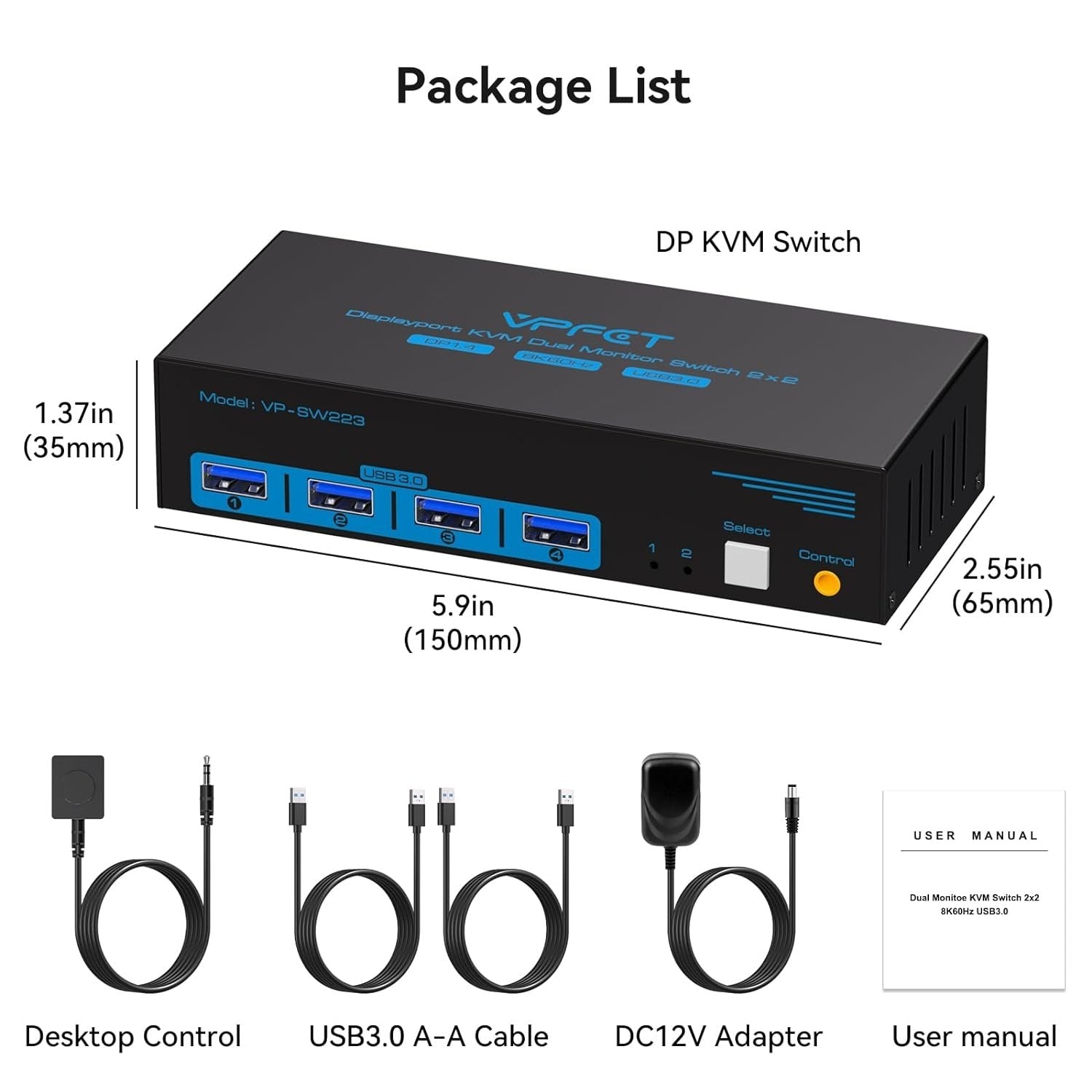 NÖRDIC KVM-svitsj 2 til 2 DisplayPort til DisplayPort, 8K60Hz/4K120Hz, 4x USB-A