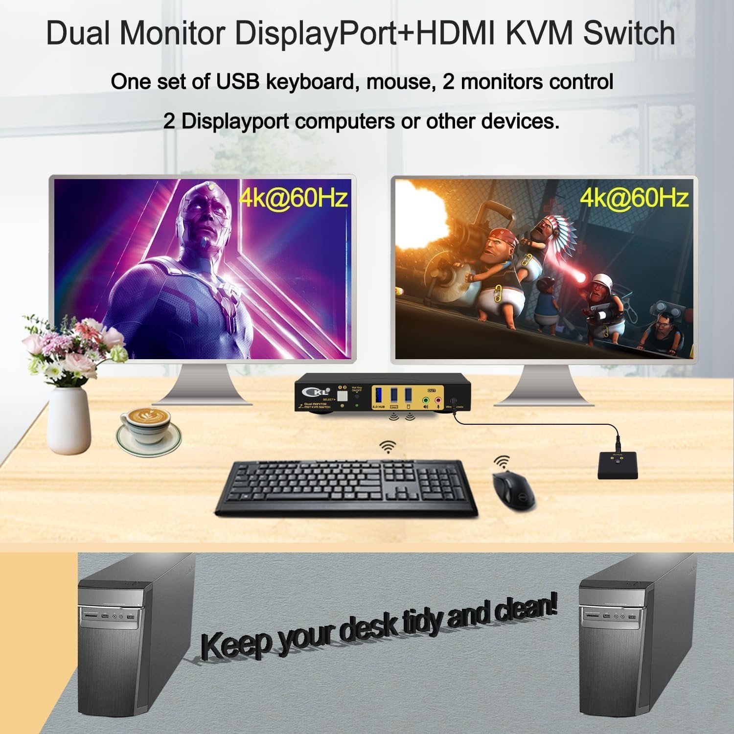 KVM Switch 2x2 switch Dual Monitor 1x Displayport 1x HDMI 4K60Hz