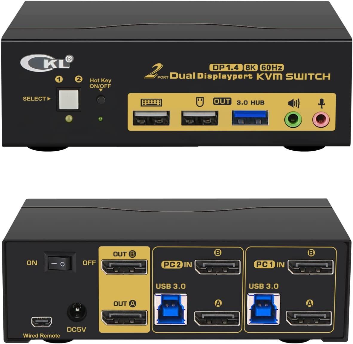 KVM 2x2 DP Switch Dual Monitor Displayport1.4 8K60Hz 4K144Hz MED 2xlyd og 3xUSB-A