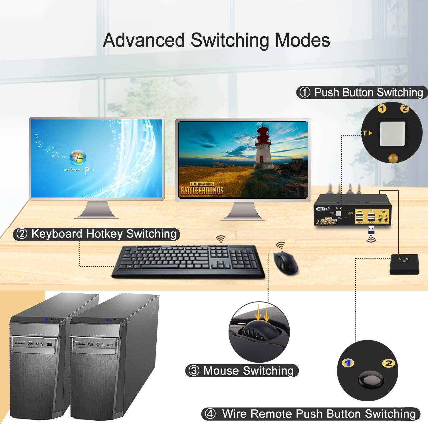 KVM 2x2 DP Switch Dual Monitor Displayport 1.2 4K60Hz 4:4:4 med 2x3.5mm og 4xUSB-A