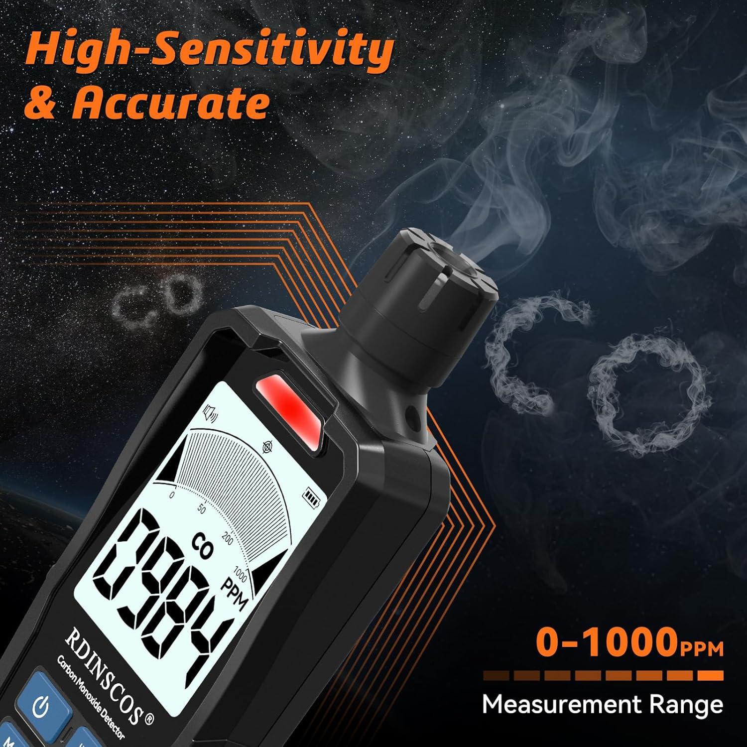 Kolmonoxiddetektor 0 ~ 1 000 ppm med LCD-skärm, bärbart CO-larm med visuella och hörbara larm, uppladdningsbar CO-detektor för hem, camping, utomhus