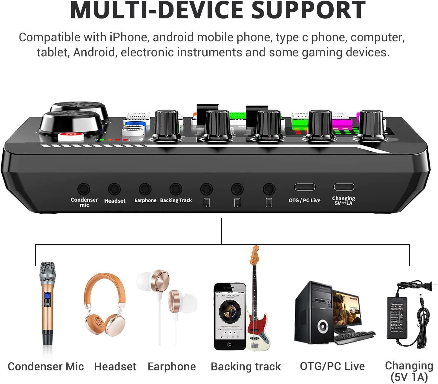 Live Sound Card lydmikser, podcast-lydgrensesnitt med DJ-miksereffekter for PS4, PS5, karaoke, TikTok, YouTube, livestreaming, opptak og gaming