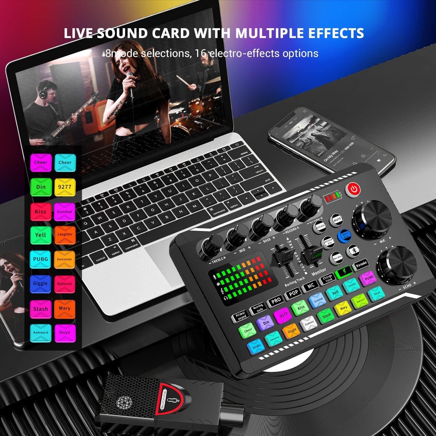 Live Sound Card lydmikser, podcast-lydgrensesnitt med DJ-miksereffekter for PS4, PS5, karaoke, TikTok, YouTube, livestreaming, opptak og gaming