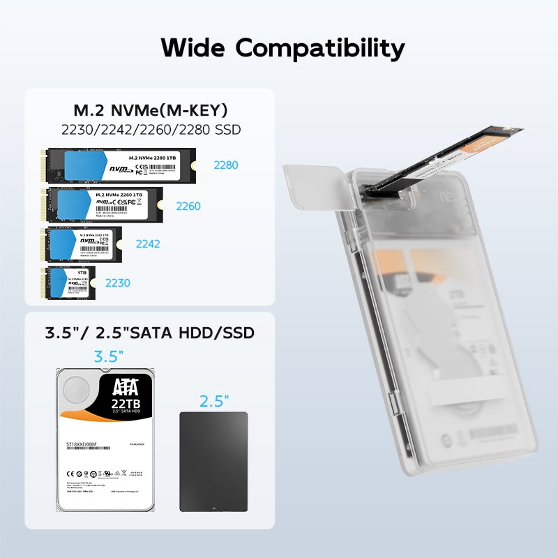 MAIWO 2,5" SATA HDD, SSD & M.2 NVMe kabinett 10Gbps