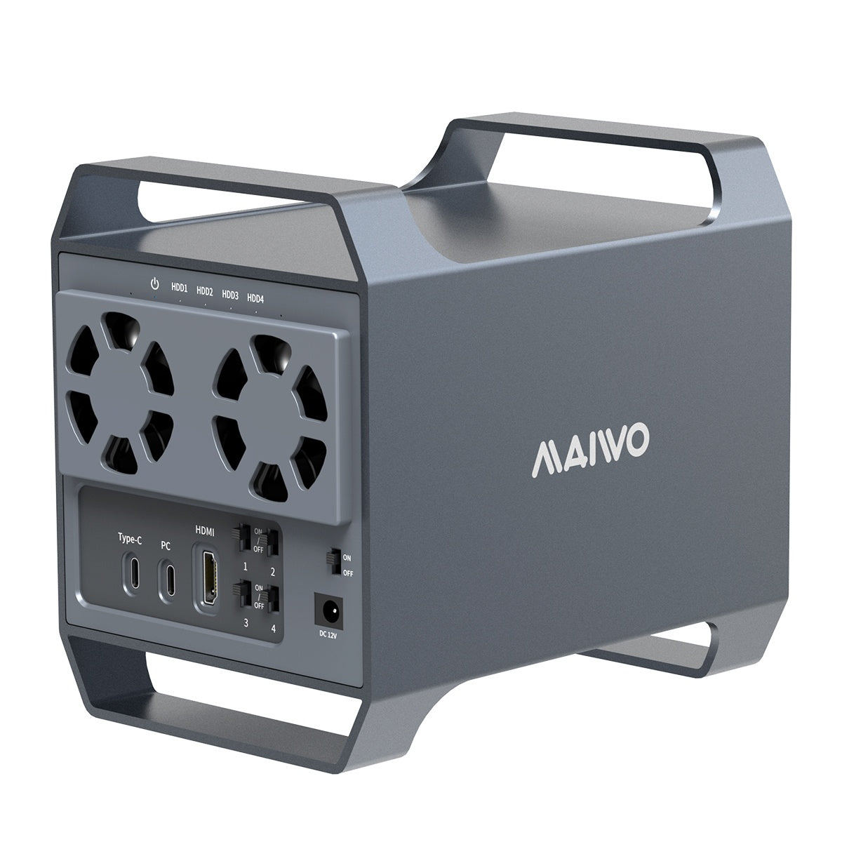 MAIWO 4-bay DAS-design for 3,5” SATA-HDD med 2 vifter, USB‑C & 10 Gbps hastighet, ingen RAID
