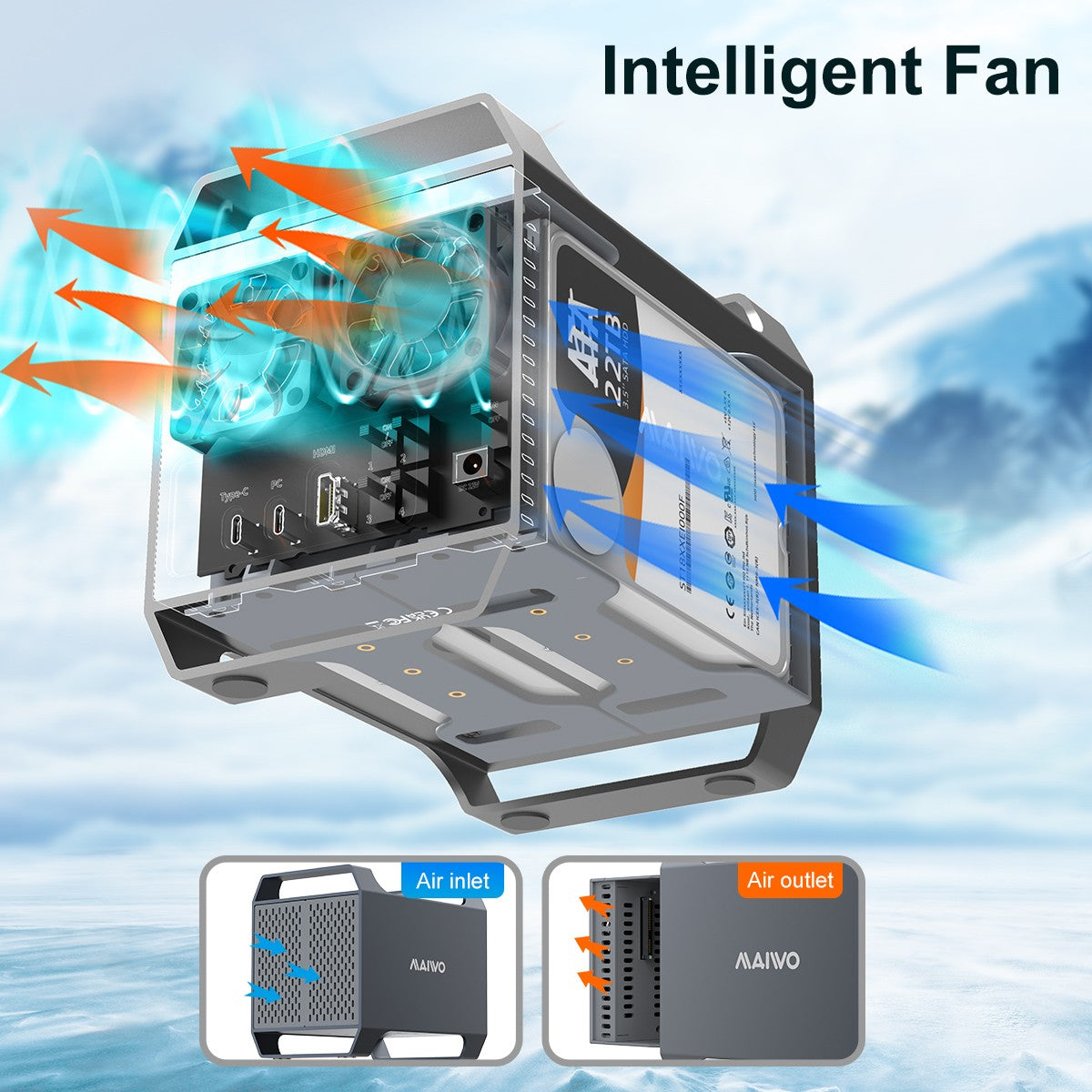 MAIWO 4-bay DAS-design for 3,5” SATA-HDD med 2 vifter, USB‑C & 10 Gbps hastighet, ingen RAID