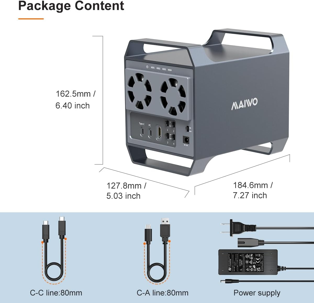 MAIWO 4-bay DAS-design for 3,5” SATA-HDD med 2 vifter, USB‑C & 10 Gbps hastighet, ingen RAID
