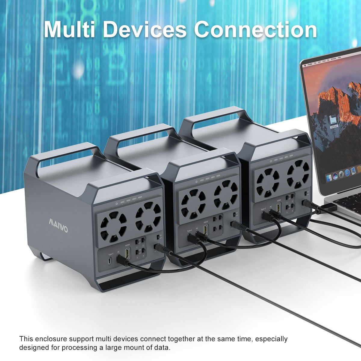 MAIWO 4-bay DAS-design for 3,5” SATA-HDD med 2 vifter, USB‑C & 10 Gbps hastighet, ingen RAID