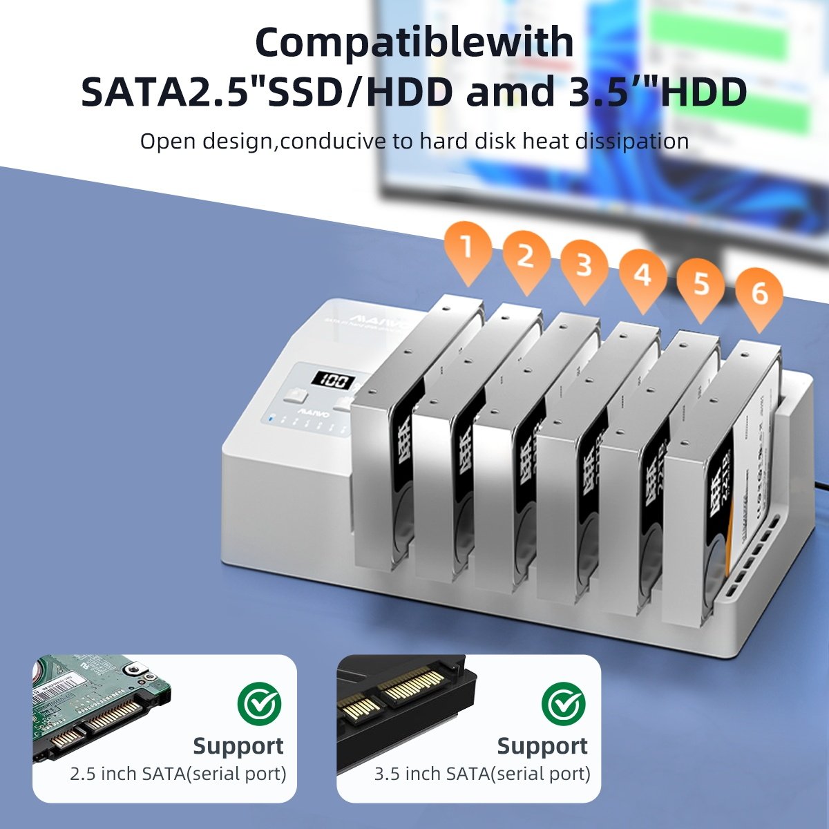 MAIWO 6x HDD kloning og dokkingstasjon, 2,5"/3,5" SATA HDD, USB-C 3,0 5Gbps