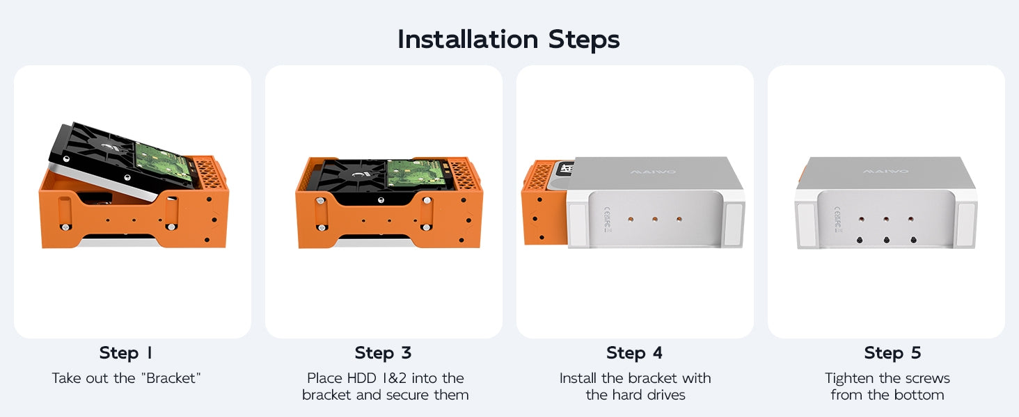 MAIWO 2-bay SATA RAID-kabinett for 3,5" HDD, lynrask 5Gbps, RAID 1/0/JBOD, 2x30TB