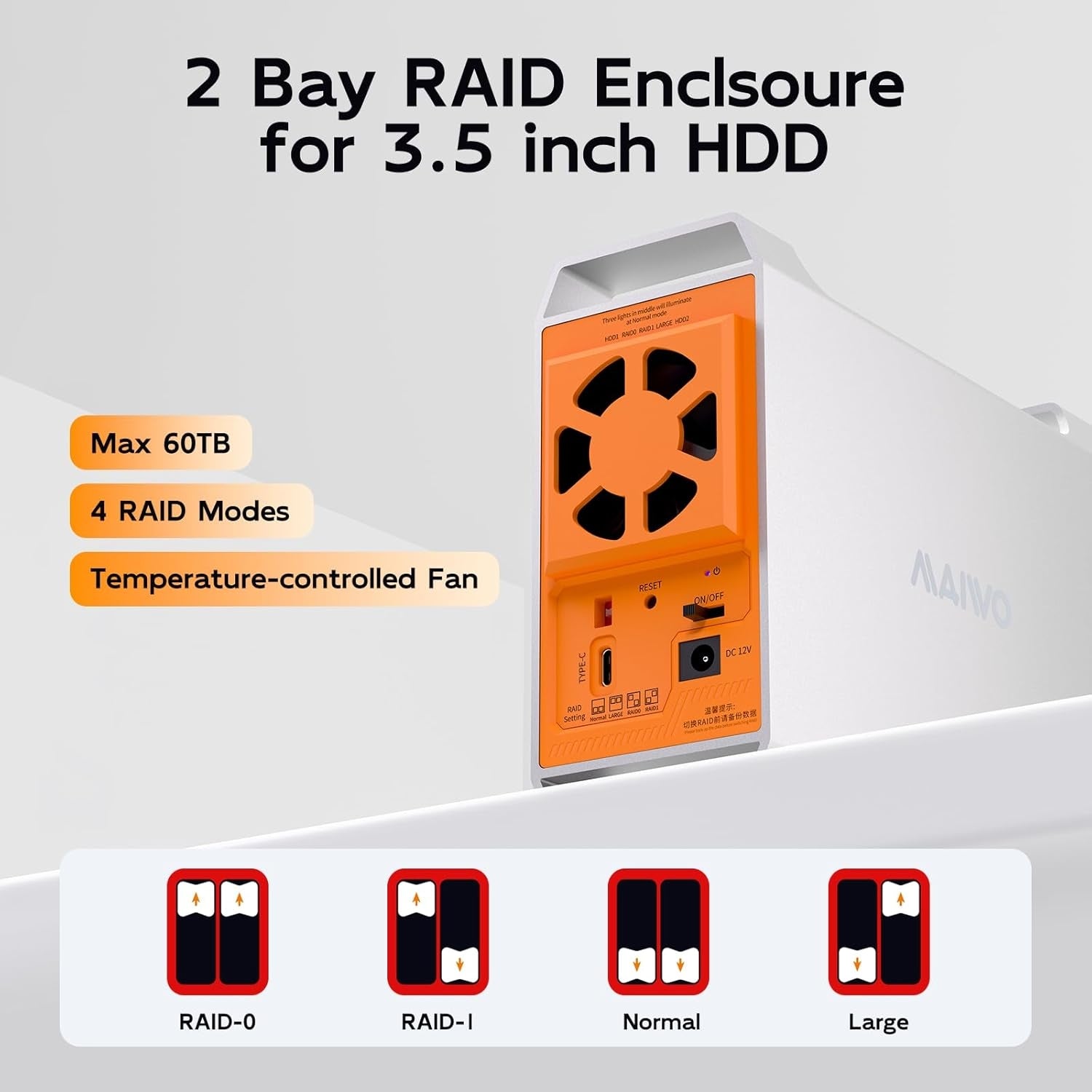 MAIWO 2-bay SATA RAID-kabinett for 3,5" HDD, lynrask 5Gbps, RAID 1/0/JBOD, 2x30TB