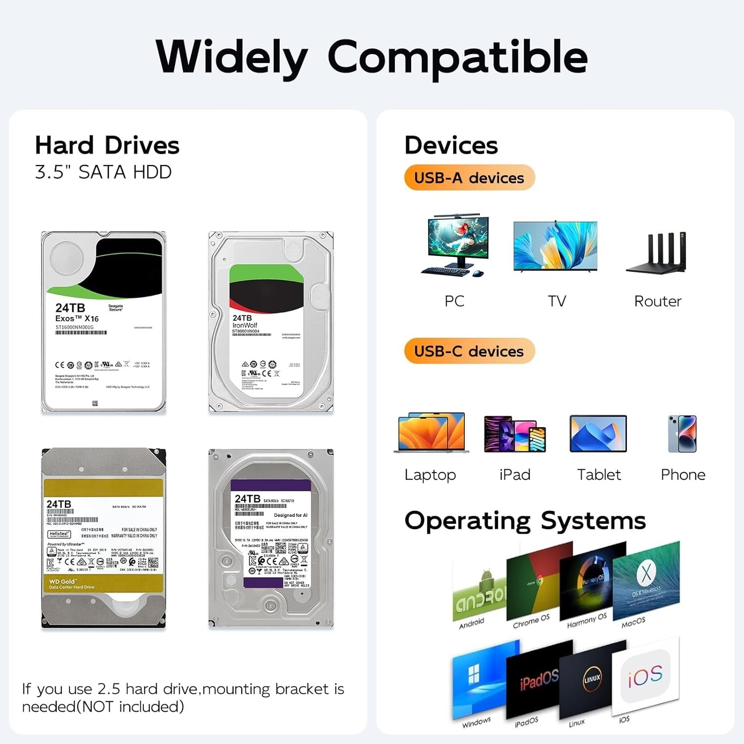 MAIWO 2-bay SATA RAID-kabinett for 3,5" HDD, lynrask 5Gbps, RAID 1/0/JBOD, 2x30TB