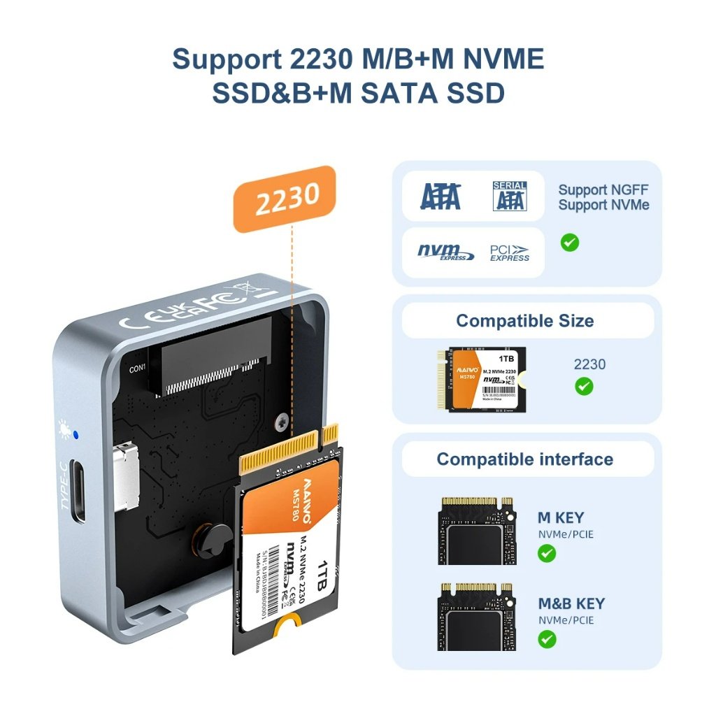 MAIWO M.2 2230 NVMe og SATA SSD mini eksternt kabinett USB 3.2 Gen 2 10 Gbps