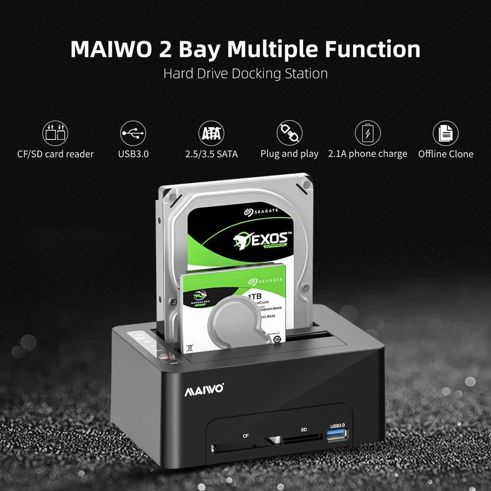 Maiwo K3082CR USB C 3.1 Gen1 5Gbps Docking Station, 2 SATA HDD SDD 14TB med støtte for beasp, støtte til Sataii 6Gbps, kloning, kortleser, USB-hub