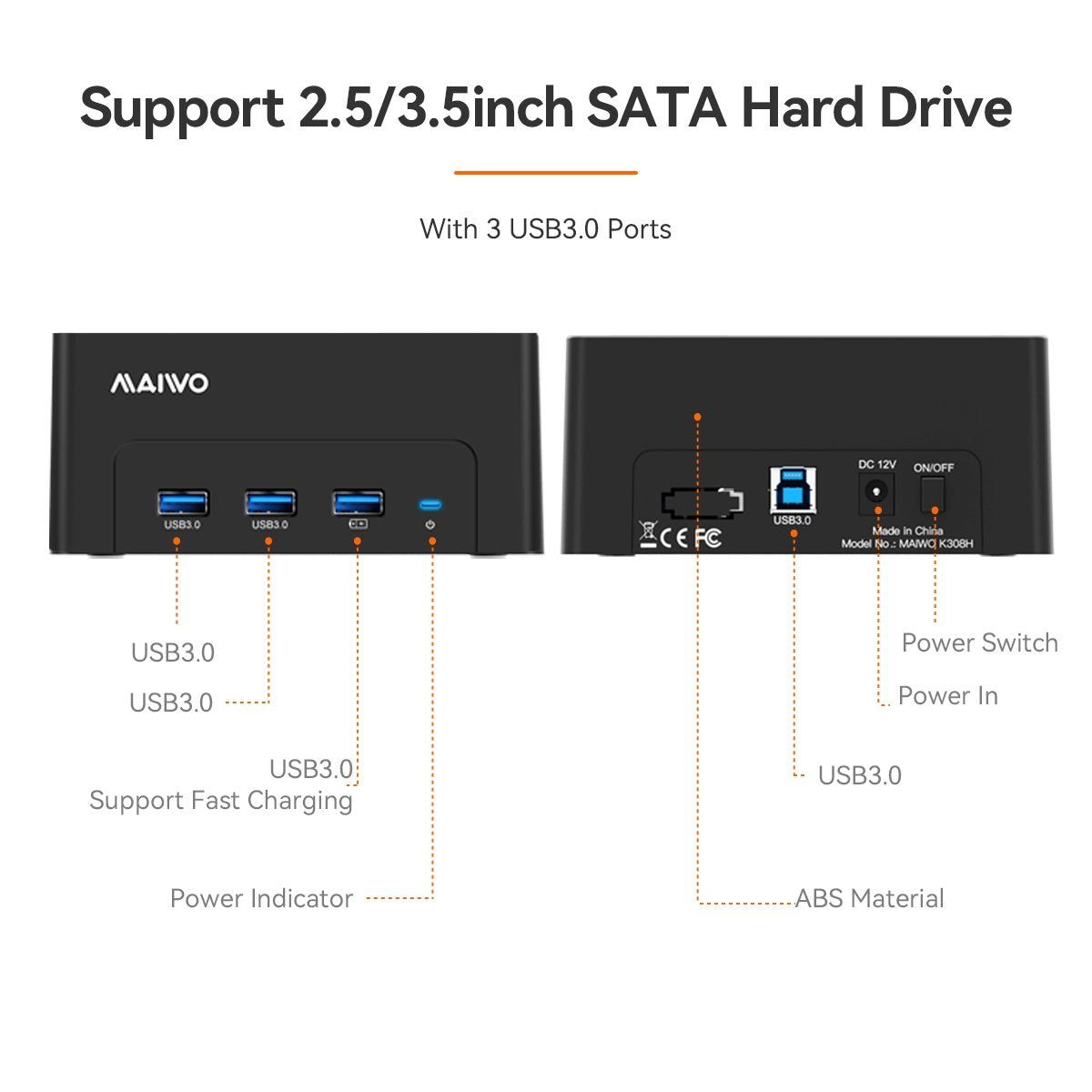 Maiwo K308H USB 3.1 Gen1 5Gbps Docking Station for 1 2.5-3.5 SATA HDD SSD Opptil 14TB med støtte for UASP 3xUSB3.1 HUBB