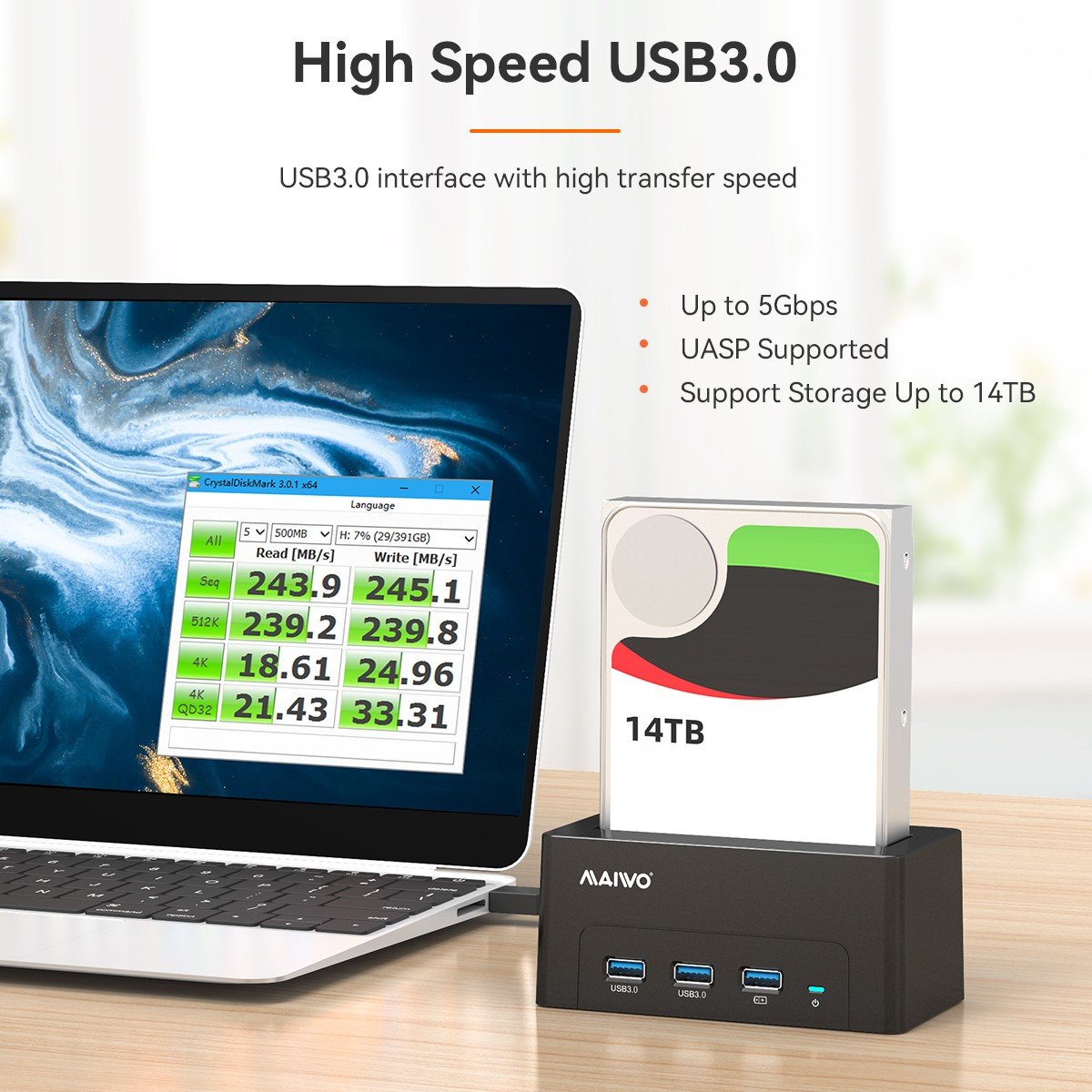 Maiwo K308H USB 3.1 Gen1 5Gbps Docking Station for 1 2.5-3.5 SATA HDD SSD Opptil 14TB med støtte for UASP 3xUSB3.1 HUBB