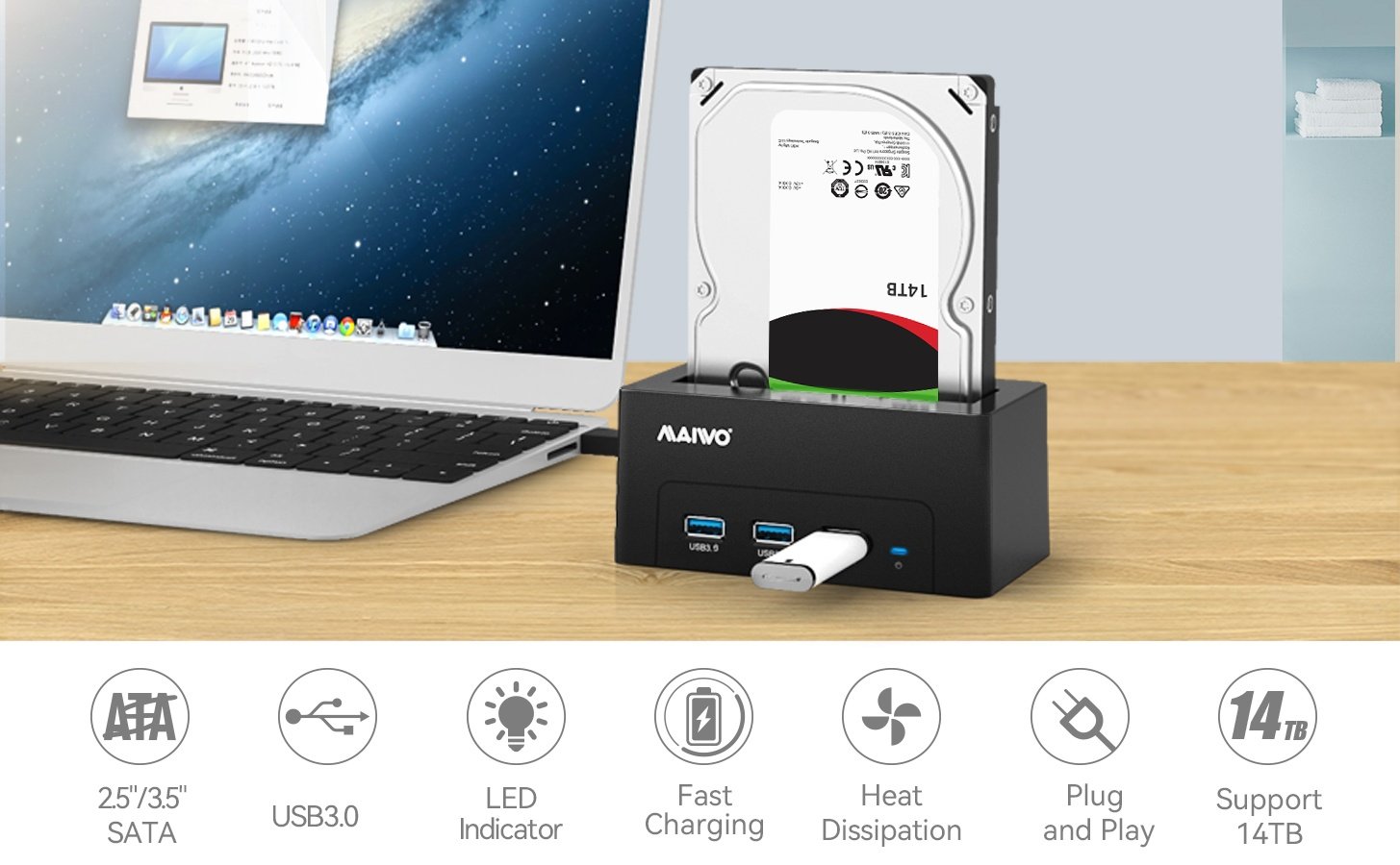 Maiwo K308H USB 3.1 Gen1 5Gbps Docking Station for 1 2.5-3.5 SATA HDD SSD Opptil 14TB med støtte for UASP 3xUSB3.1 HUBB