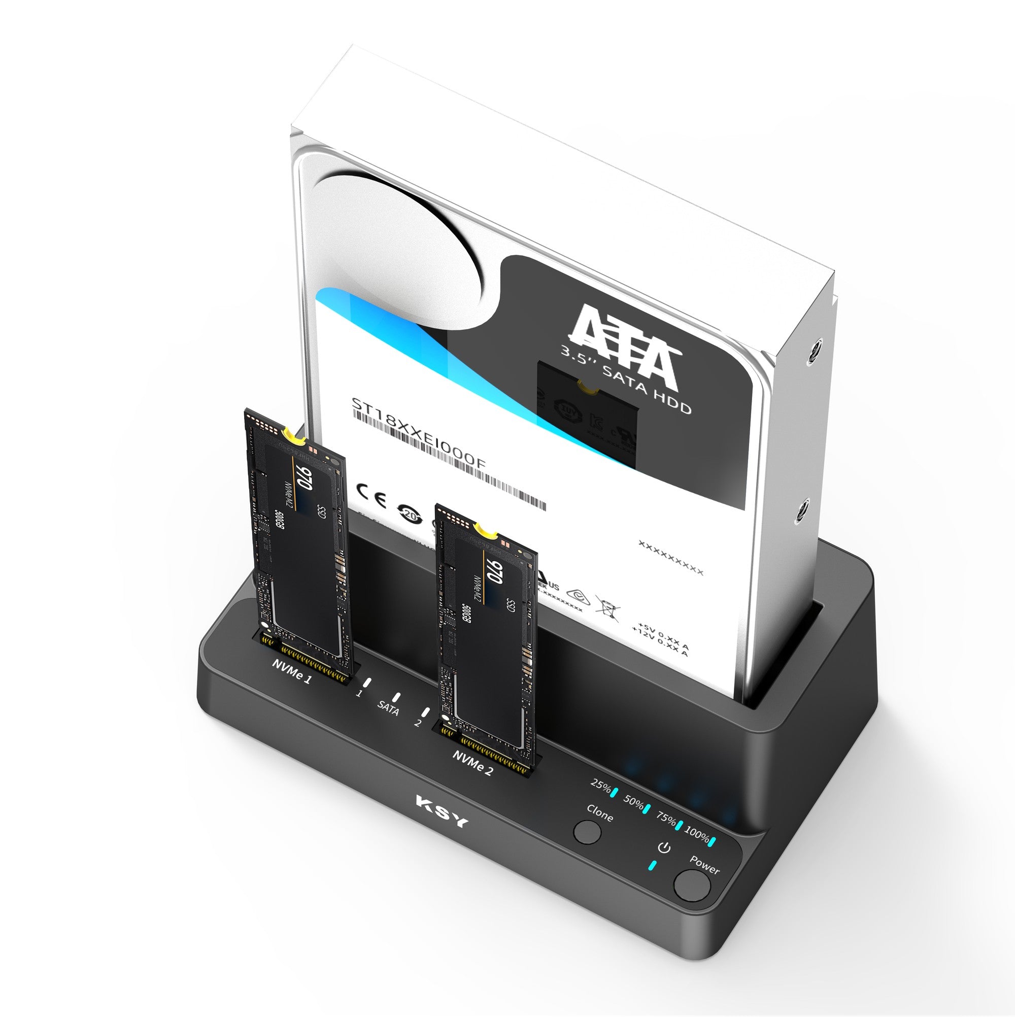 Maiwo Triple Bay HDD Clone-kabinett for 2× SSD NVMe M.2 og 1× SATA HDD