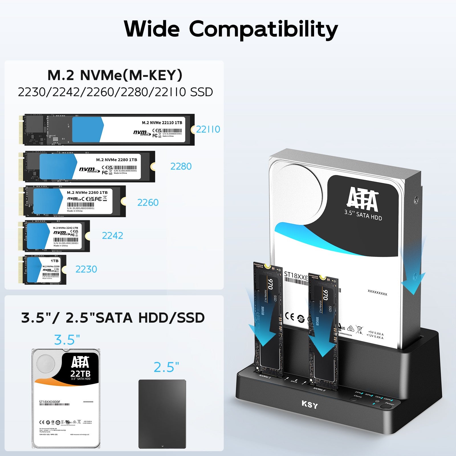 Maiwo Triple Bay HDD Clone-kabinett for 2× SSD NVMe M.2 og 1× SATA HDD